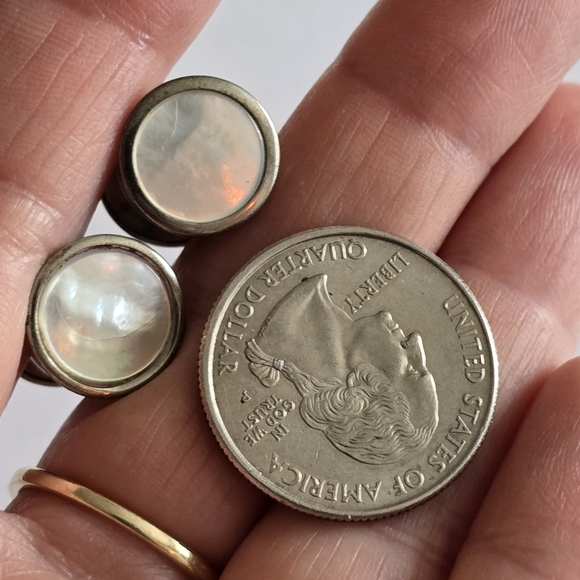 Vintage cuff links silver tone white mother of pearl shell inlay Silver snap - Picture 4 of 10